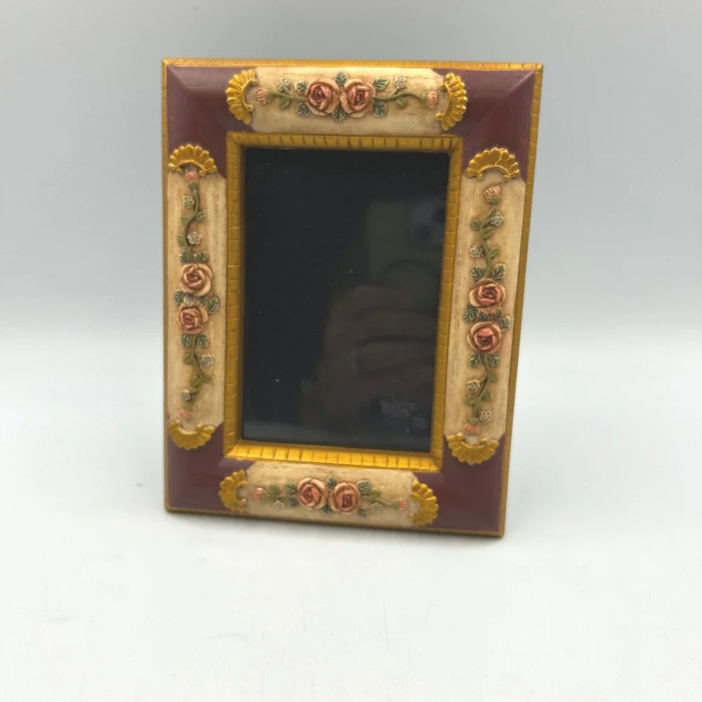 Picture Frame Burgundy Cream Gold Victorian 4.5 x 3 Inch Rose Floral Vintage EUC